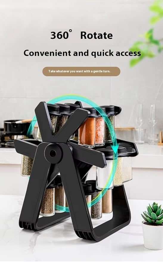A&K's Rotating Spice Rack Organizer, 18 Glass Jars, 360-Degree Turntable, Black, Comes with Spice Label Stickers, Funnel, and Water Pen. Best for Kitchen Organization, Countertop, Pantry, and Cabinet.-Ruum Studio Home