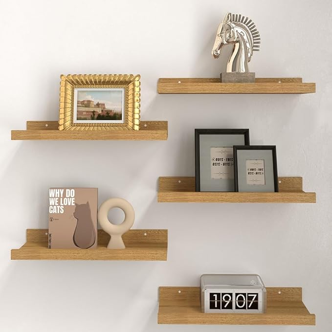 RICHER HOUSE 5 Set Floating Shelves for Wall Decor, Wall Mounted Book Shelf, Nursery Shelves Picture Ledge Shelf with Lip for Wall Storage, Bedroom, Living Room, Bathroom - Oak-Ruum Studio Home