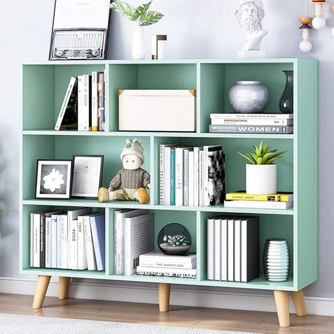 IOTXY Wooden Open Shelf Bookcase - 3-Tier Floor Standing Display Cabinet Rack with Legs, 8 Cubes Bookshelf, Tiffany-Green-Ruum Studio Home