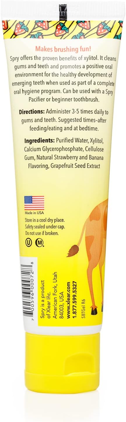 Spry Natural Xylitol Toothpaste for Baby, Toddler and Kids Age 3 Months and Up - Fluoride Free Tooth Gel, Tasty, Support Development of Emerging Teeth, Strawberry Banana 2 Fl Oz (Pack of 3)-Ruum Studio Home