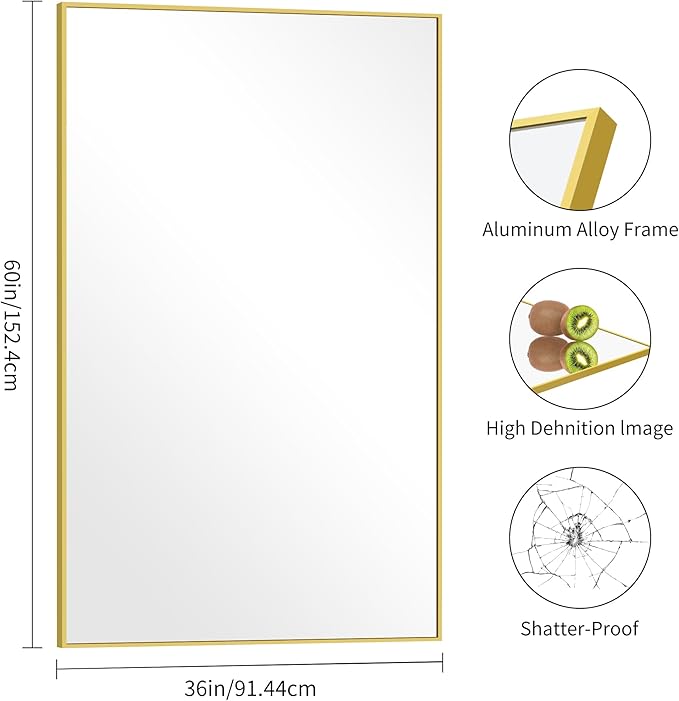 Gold Bathroom Mirror for Wall, 60x36 Inch Rectangle Mirrors with Metal Frame, Modern Vanity Wall Mirror Decor for Bathroom Living Room, Entryway Hangs Horizontal or Vertical-Ruum Studio Home