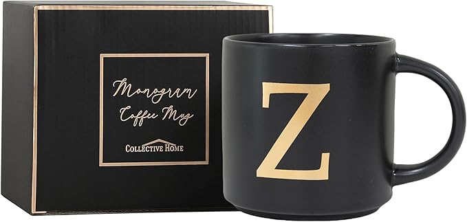 COLLECTIVE HOME - Monogram Ceramic Mugs, 15 oz Golden Initial Black Coffee Cups, Elegant Alphabet Tea Mugs, Elegant Personalized Mug with Gift Box, Unique Mug with Double Side Capital Lette (Z)-Ruum Studio Home