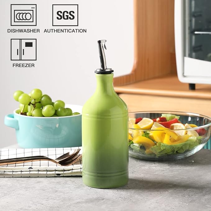 Sweejar Ceramic Olive Oil Dispenser Bottle, Opaque Oil Cruet Protects Oil to Reduce Oxidation, Suitable for Oil, Vinegar, Coffee Syrups & Other Liquids, Pack of 1, 15.5 Fl Oz (Gradient Green)-Ruum Studio Home
