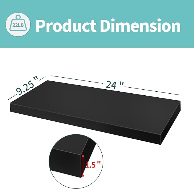 LaVie Home Floating Shelves, 24 Inch Wall Shelf Set of 2, Hanging Shelf with Invisible Brackets, Wall Decor for Bathroom, Bedroom, Living Room, Kitchen Storage, Classic Black-Ruum Studio Home