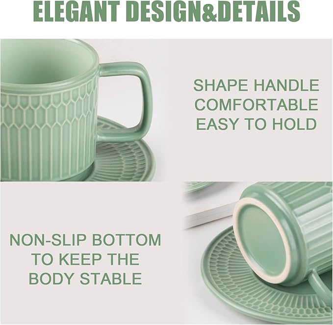 Large Cappuccino Cups with Saucers Set of 4, 8 Ounce Stackable Embossed Ceramic Coffee Mugs for Specialty Coffee Drinks, Latte, Cafe Mocha and Tea, Dishwasher & Microwave Safe (Green)-Ruum Studio Home