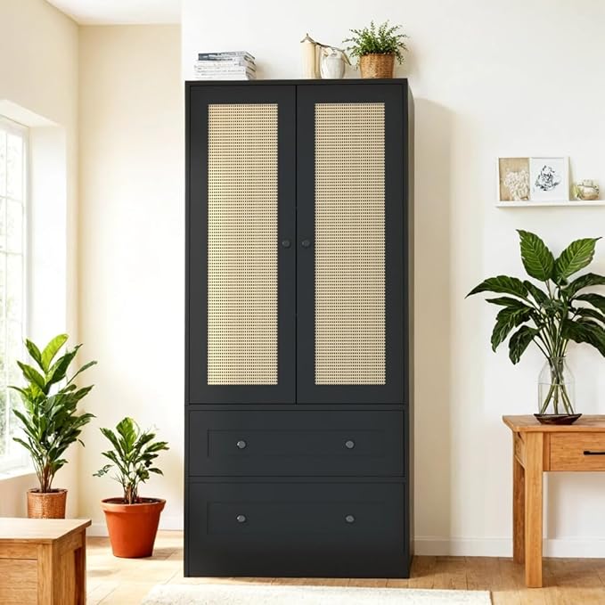 64.2" Tall Rattan Black Kitchen Pantry, Storage Cabinet with Doors and Drawers, Freestanding Wooden Organizer for Kitchen, Dining Room-Ruum Studio Home