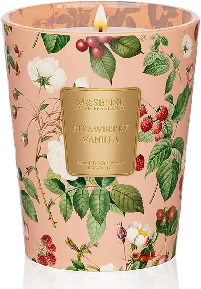 M&SENSE Strawberry Vanilla Scented Natural Soy Wax Candle, 14.1oz 60 Hours Long Lasting Slow Burning Candles for Home Decor, Aromatherapy Candle for Stress Relief-Ruum Studio Home