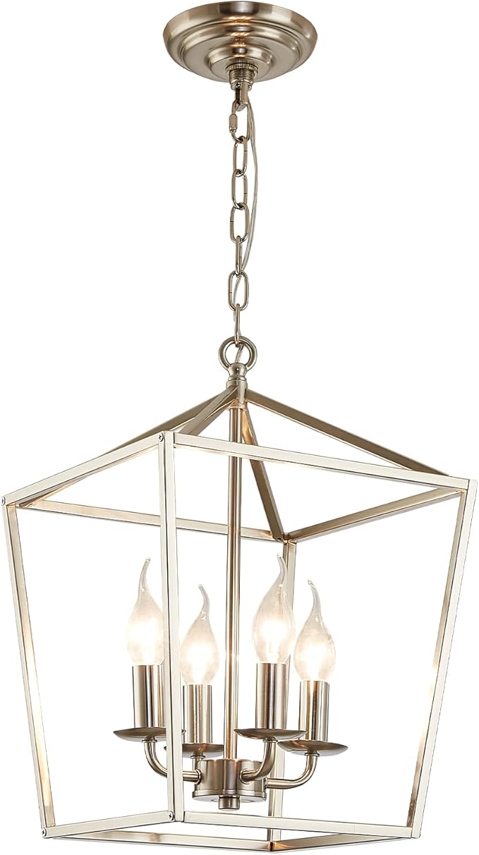 4-Light Brushed Nickel Farmhouse Chandelier, 12" Industrial Ceiling Light Lantern Pendant Light with Metal Cage Adjustable Height Rustic Hanging Light E12 Base for Kitchen Island Dining Room Entryway-Ruum Studio Home