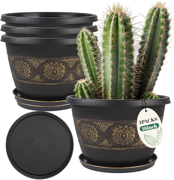 4 Pack 16 inch Plant Pots, Retro Pattern Planters with Drainage Holes and Saucer, Sturdy Plastic Garden Flower Pots for Indoor & Outdoor Plants-Ruum Studio Home
