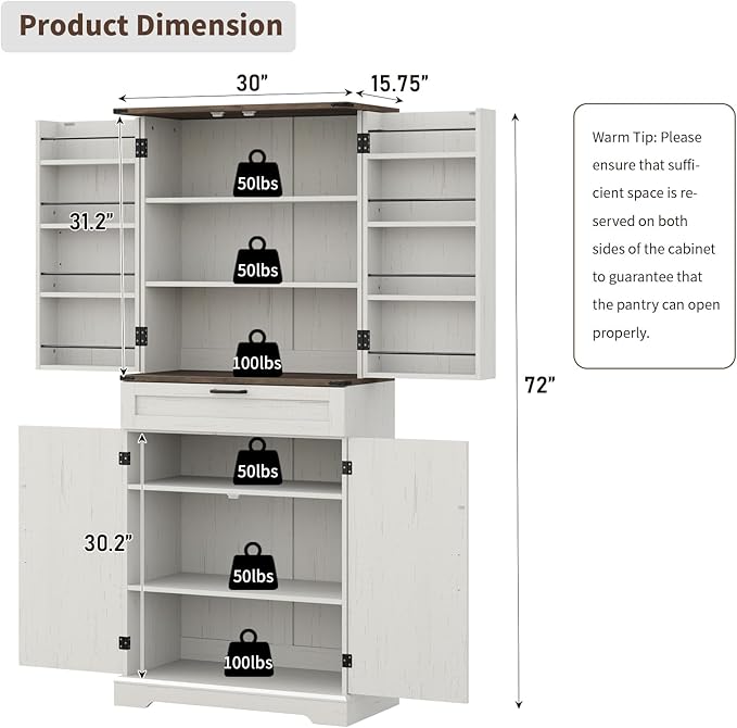 72'' Kitchen Storage Pantry Cabinet, Tall Storage Cabinet with 8 Door Shelves, 2 Cabinets and 1 Drawer, Freestanding Cupboard for Kitchen, Dining Room, Bathroom, Laundry, Off White-Ruum Studio Home