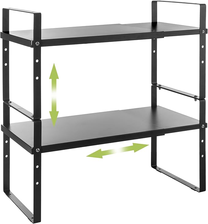 Expandable Cabinet Shelf Organizer Rack, Stackable Kitchen Counter Storage Shelves Stand, Adjustable Height Pantry Shelf Spice Rack (Black, 2 Pack)-Ruum Studio Home