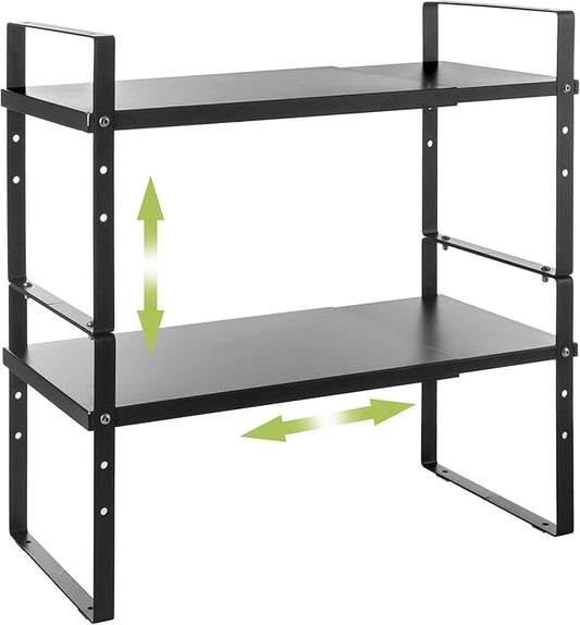 Expandable Cabinet Shelf Organizer Rack, Stackable Kitchen Counter Storage Shelves Stand, Adjustable Height Pantry Shelf Spice Rack (Black, 2 Pack)-Ruum Studio Home