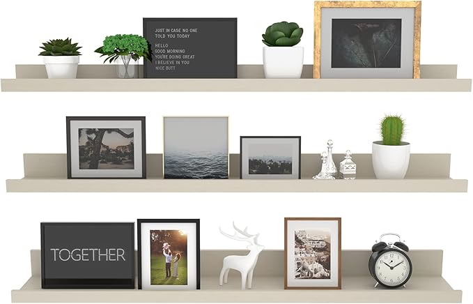Giftgarden 36 Inch Floating Wall Shelves Creamy White Beige Wood-Grain, Large Picture Ledge Long Wooden Shelfs for Bedroom Living Room Kitchen Bathroom Nursery Office, Set of 3 Different Sizes-Ruum Studio Home