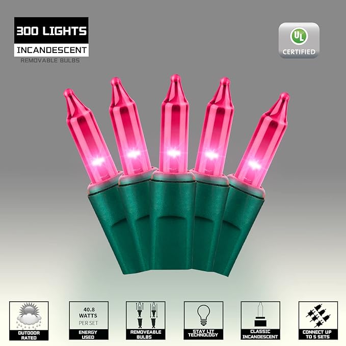 300LIGHTS(2*150L) Pink Extra-Bright with End Connectors Christmas Decorative Lights 19.44m UL Certified Mini String Light Set Waterproof for Home Garden Holiday Tree Party Patio Decor Wedding-Ruum Studio Home