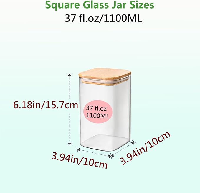 Square Glass Jars Canister with Wood Lid 37 FL OZ [Set of 4], Container Jar with Sealing, Lids for Oat Pasta Flour Cereal Rice Sugar Tea Coffee Beans, Best for Kitchen & Pantry-Ruum Studio Home