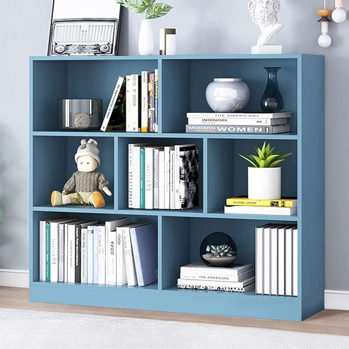 IOTXY Open Shelf Low Bookcase - Wooden 3-Tier Floor Standing Display Cabinet Organizer with Base, 7 Cubes Short Horizontal Bookshelf in Bright Blue-Ruum Studio Home