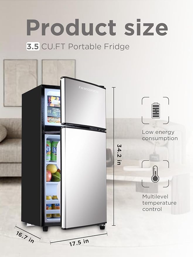 Compact Refrigerator with Freezer, 3.5 cu ft Countertop Mini Fridge with Adjustable Mechanical Thermostat, Retro Compact Fridge for Office, Bedroom, Dorm or Cabin, Silver-Ruum Studio Home