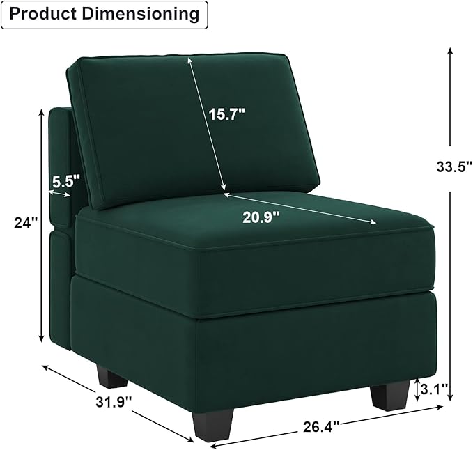 Belffin Modular Sofa Middle Module with Storage for Modular Sectional Sofa Couch Velvet Accent Armless Chair Green-Ruum Studio Home