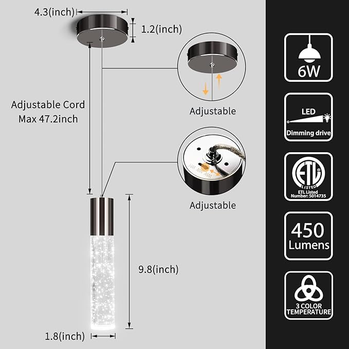 OKELI Modern Pendant Lights,3 Color LED Bubble Crystal Island Light Fixtures,Black Mini Pendant Lighting for Kitchen Island,Bar,6W,3000-6000K,ETL,3 Pack-Ruum Studio Home
