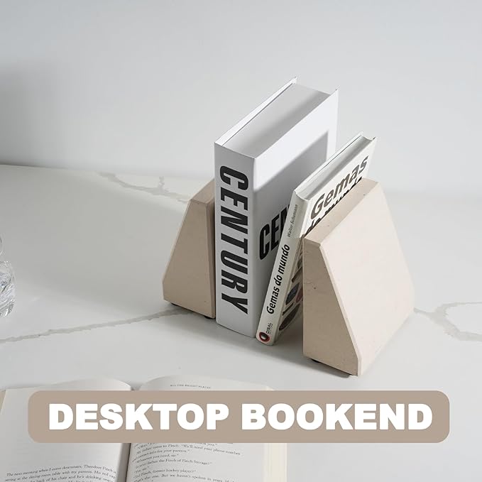 Book End, Natural Marble Bookend for Shelves, Non-Skid Bookends for Heavy Books, Heavy Duty Book Stopper for CDs and Oversized Books, Luxury Book Shelf Holder, Moleanos Beige-Ruum Studio Home