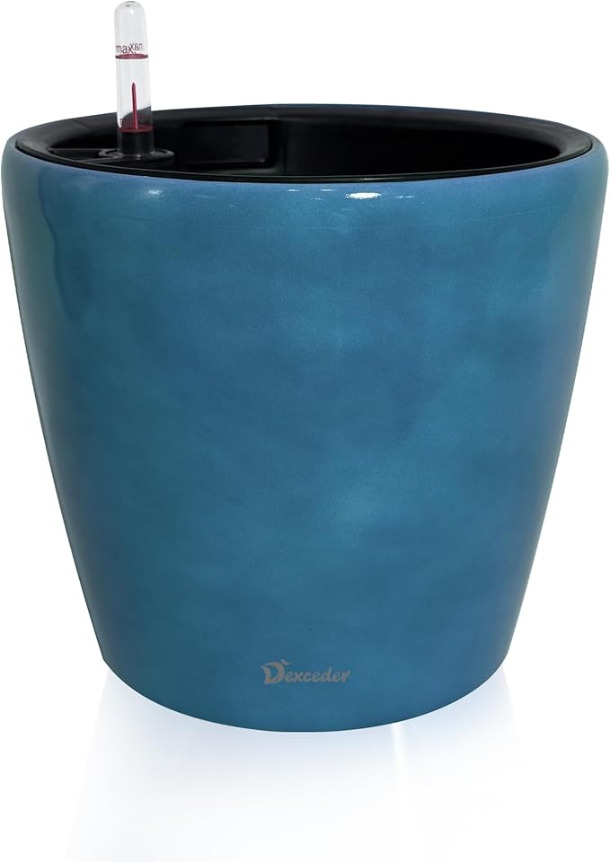 Dexceder 9x8 Inches Self Watering Planter Indoor Outdoor, Inner Pot Design, Thickened Table Flower Plant Pot with Water Level Indicator (Peacock Blue Gradient)-Ruum Studio Home