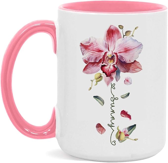 Novelty Coffee Cup With Orchid Design, Personalized Name Flower Accent Mug, Custom Orchid Flower Ceramic Cup 11oz 15oz, Customized Flower Lover Mug, Gift For Family Member-Ruum Studio Home