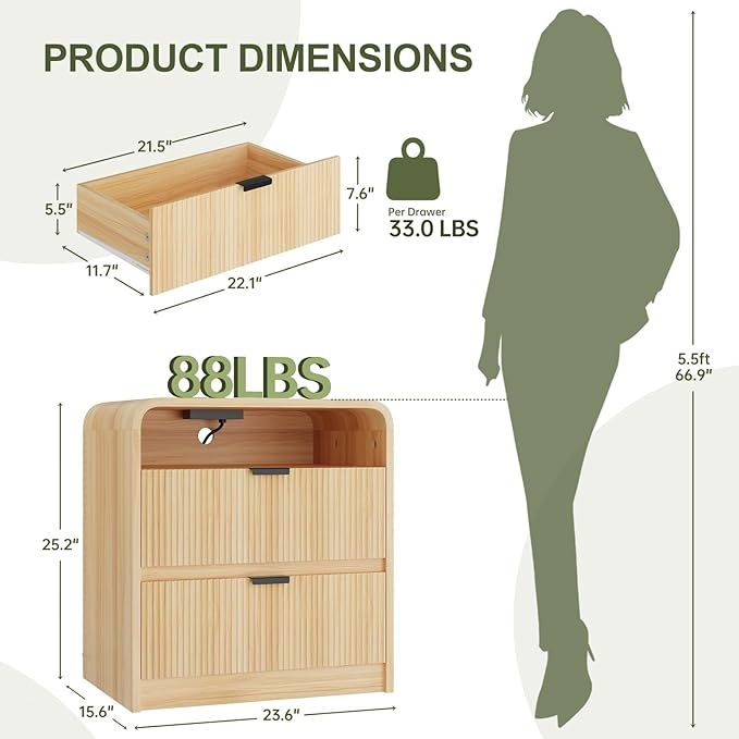 FURSUN 24" Fluted Nightstand with Charging Station, Wooden End Table with 2 Drawers Storage, Curved Profile Design, Modern Bedside Cabinet for Bedroom Living Room, Natural Oak-Ruum Studio Home