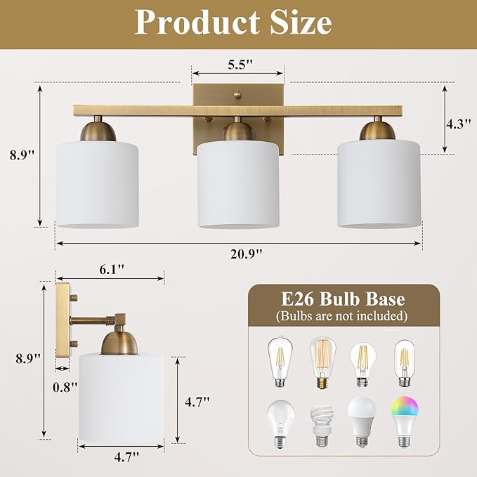 Stainless Steel Milk Glass Vanity Lights for Bathroom, 3 Light Brass Bathroom Light Fixtures Over Mirror, Ceramic E26 Sockets Wall Mounted-Ruum Studio Home