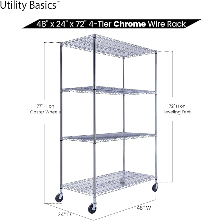 48"x24"x72" Chrome Premium Metal Steel Wire Shelving 4-Tier NSF 3200 LBS MAX Capacity Heavy Duty Storage Rack for Garages, Commercial Spaces, Hospitals, & Schools w/Premium Wheels-Ruum Studio Home