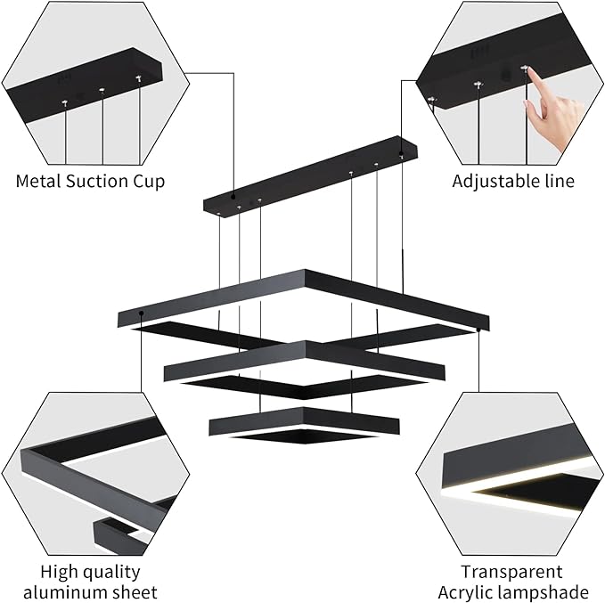 Modern LED Square Chandelier, 3 Ring Dimmable for Living, Dining, Bedroom & Foyer - High Ceiling Hanging LED Pendant Light Fixture (Black)-Ruum Studio Home