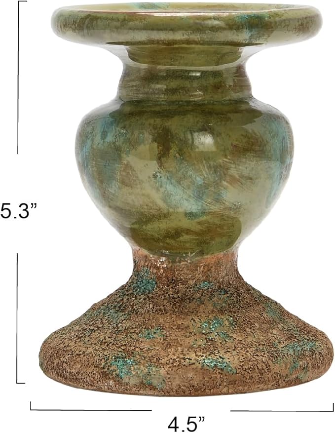 Creative Co-Op 2-Tone Sculptural Terracotta Pillar Candle Holder, Distressed Green-Ruum Studio Home