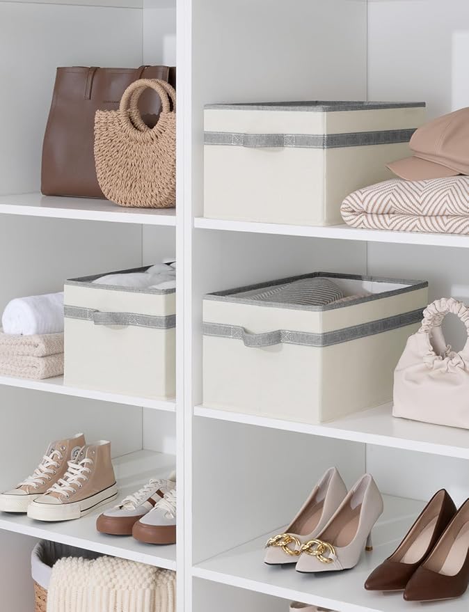 StorageWorks Storage Baskets for Shelves, Foldable Fabric Closet Storage Bins with Handles, Fabric Storage Bins Clothes Organizer, Beige and Gray, 3-Pack, Large-Ruum Studio Home
