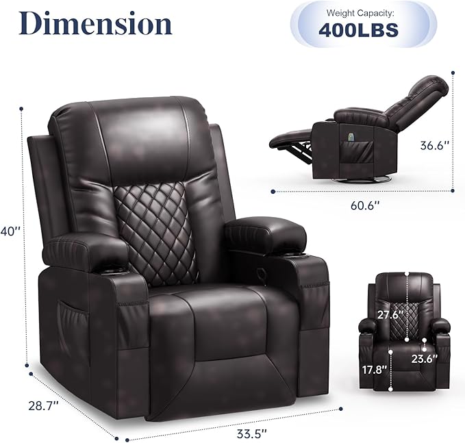 Recliner Chairs for Adults, FSC Certified Massage Rocker with Heated Modern Ergonomic Lounge 360 Degree Swivel Single Sofa Seat Living Room Lounge Recliners Brown-Ruum Studio Home