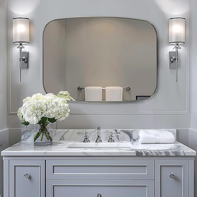 ANDY STAR Brushed Nickel Bathroom Mirror, 30x36’’ Oblong Mirror with Stainless Steel Metal Frame, Silver Oval Vanity Mirror for Over Sink, Modern Anti Rust Wall Mounted-Ruum Studio Home