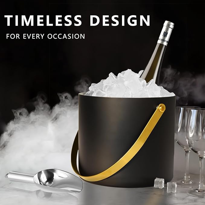 4L Ice Bucket with Silicone Lid, Scoop, Gold Tongs & Strainer, Stainless Steel Double Wall Insulated Ice Buckets for Parties & Cocktail Bar Outdoor Champagne Ice Container Bin, Black-Ruum Studio Home