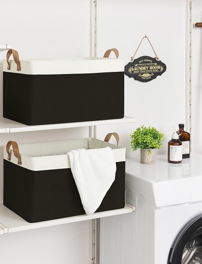 StorageWorks Storage Bins, Fabric Storage Bins for Shelves, Extra Large Storage Baskets with Metal Frame, Closet Baskets and Bins with Handles, Jumbo, Black and White, 2-Pack-Ruum Studio Home