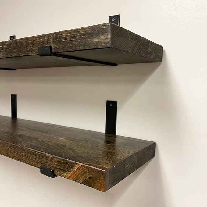 Rustic Shelves with J-Brackets Set of 2, Industrial Shelf, Kitchen Shelves, Solid Wood, Decorative Wall Storage, Heavy Duty, URBANDI (Dark Brown, 12Wx12D)-Ruum Studio Home