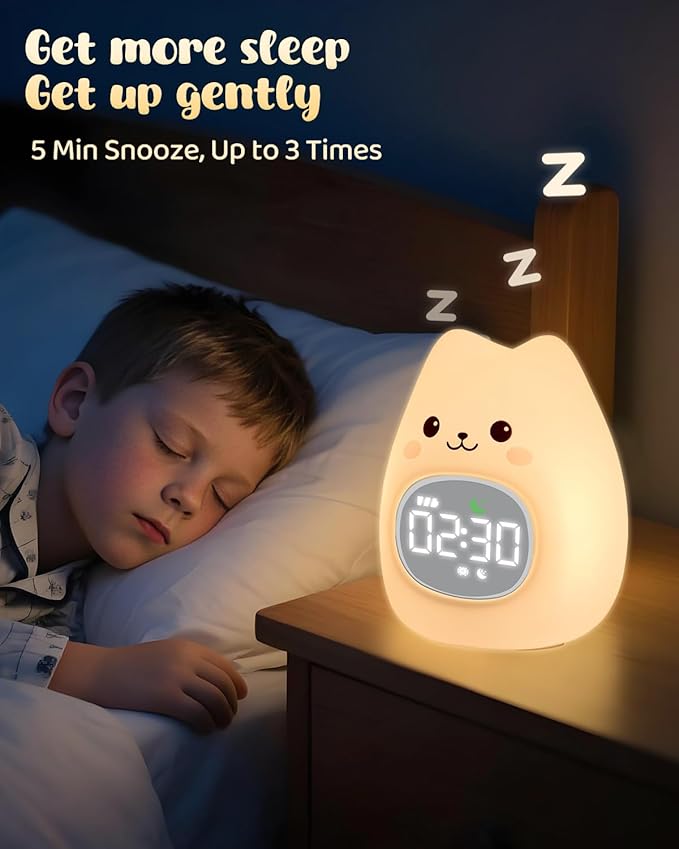 Cat Alarm Clock for Kids with Night Light, Sleep Training Clock Time to Wake Clock, Rechargeable Silicone Light for Bedroom, Perfect Sleep Companion for Boys Girls-Ruum Studio Home