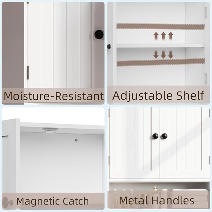 White Bathroom Cabinet Wall-Mounted, Storage Cabinets with Adjustable Shelves, Space-Saving Organizer with 2 Doors for Bathroom, Laundry, Kitchen - Moisture Resistant & Easy Install-Ruum Studio Home