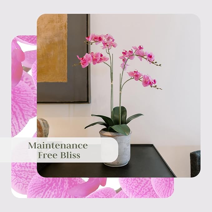 Faux Pink Orchid Plant, Premium Artificial Indoor Flower Display Stands 24”, Beautiful Sculptural Blooms That Lasts Forever, Grey Planter Pot Included-Ruum Studio Home