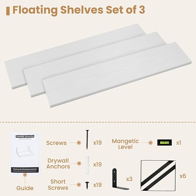 Heimlove 36 Inch White Floating Bookshelves Set of 3,Heavy Duty Wall Mounted Bookshelves,Wall Bookshelf for Living Room,Bedroom,Kitchen,Laundry Room Storage & Decor-Ruum Studio Home