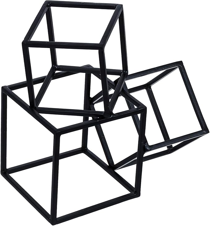 MyGift Modern Matte Black Metal Geometric Bookends in 3 Cube Frame Design, Decorative Book Stands for Home Library Bookshelf Office Desk, 1 Pair, Handcrafted in India-Ruum Studio Home