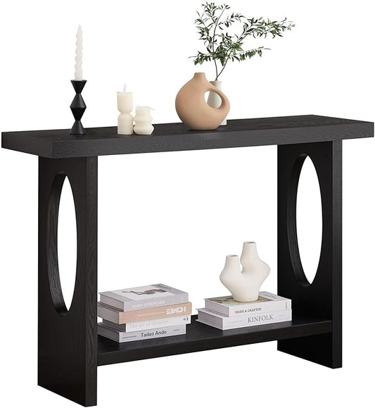 BECHAEO 47-Inch Modern Narrow Console Tables with Solid Wood Veneer - 2’’ Thickened Tabletop, 2-Tier Slim Sofa Table Behind Couch, Rectangle Entryway Table for Hallway Living Room, Black Oak-Ruum Studio Home