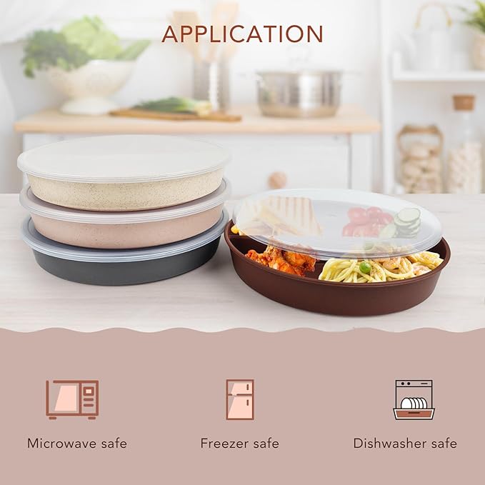 greenandlife 9 Inch 4PCS Portion Control Plates with Lids, Divided Plates for Kids Adults, Dishwasher Microwave Safe Compartment Plate, Unbreakable Lightweight Reusable Wheat Straw Plate, Earth Tone-Ruum Studio Home