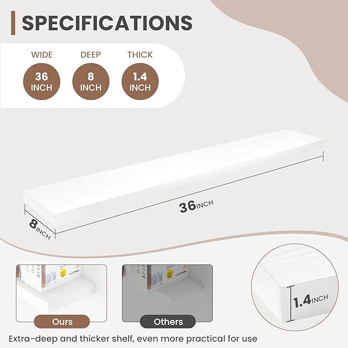 36 Inch Floating Shelves, 8 Inch Deep Floating Shelves for Wall, Hanging Shelf with Invisible Brackets, Deep Shelves for Bathroom, Bedroom, Living Room, White, Set of 2-Ruum Studio Home