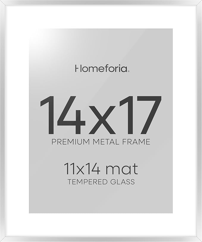 Homeforia Silver 14x17 Picture Frame, High End Metal 14 x 17 Frame with Mat 11 by 14 in Photo, 14x17 Silver Poster Frame Matted to 11x14 Print, 17x14 Hanging Frames, Tempered Glass, Wall Kit, Set of 1-Ruum Studio Home
