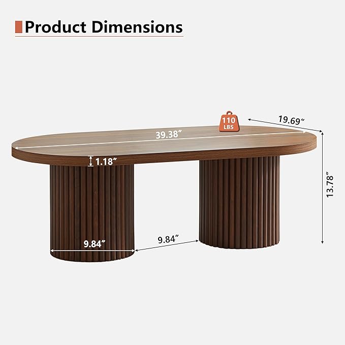 Oval Fluted Coffee Table, Farmhouse Wood Coffee Table Mid Century Modern Center Table Boho Living Room Tables for Living Room Office (Walnut, 19.69" D x 39.38" W x 13.78" H)-Ruum Studio Home