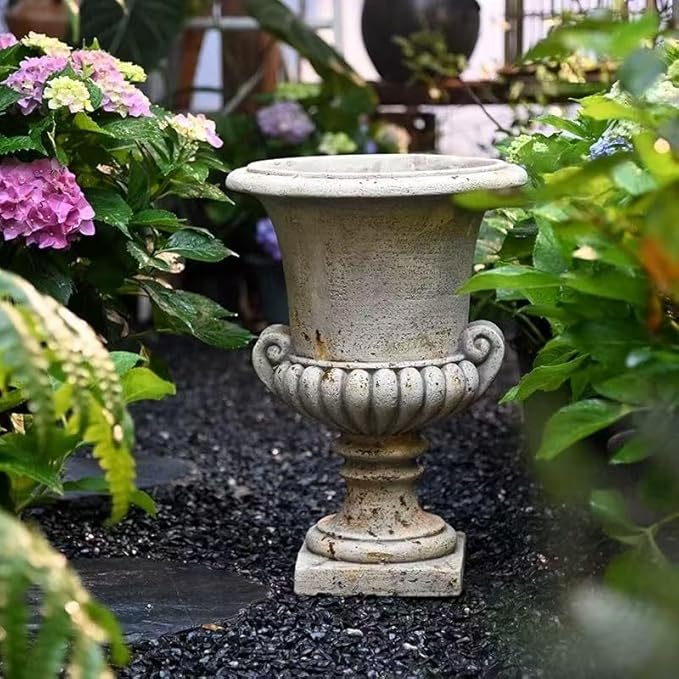 Vintage European Garden Urn Planter, Decorative Cement and Fiber Flower Pot, Make Antiqued Finished, H=19.7in, Wrap Foam Safely Delivered from Local Warehouse (Antiqued, Medium)-Ruum Studio Home