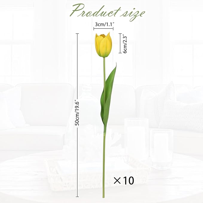 Artificial Tulips Flowers – 20" Long Stem Faux Tulips, 10PCS Real Touch Fake Yellow Tulip for Vase, Farmhouse, Kitchen, Spring & Wedding Home Decor-Ruum Studio Home