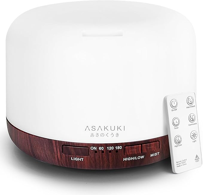 ASAKUKI 500ml Essential Oil Diffuser, Aromatherapy Fragrant Oil Humidifier Vaporizer, 7-Color Light and Auto-Off Safety Switch Reddish-Brown-Ruum Studio Home